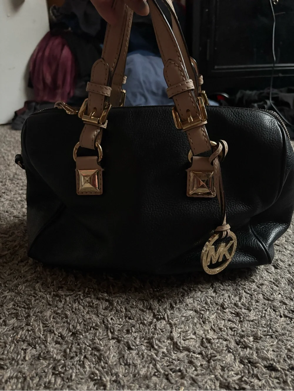 Michael Kors Black Satchel with Tan Handles and Gold Hardware